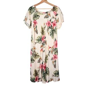Iolani Hawaii Vintage Tropical Floral Rayon Jacquard Midi Dress XL Cream Pink